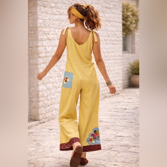 Boho Mustard Linen Jumpsuit S/M | Handmade Floral Patch Wide Leg Hippie Overall - Picture 3 of 15